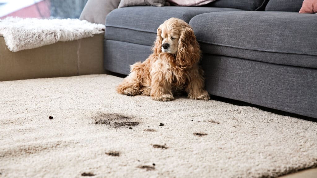 Dog with dirty carpet. 