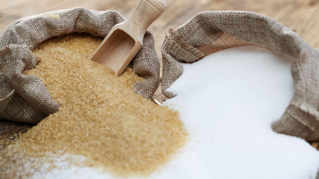raw sugar and white granulated sugar spilling out of burlap bags. Scoop alongside.
