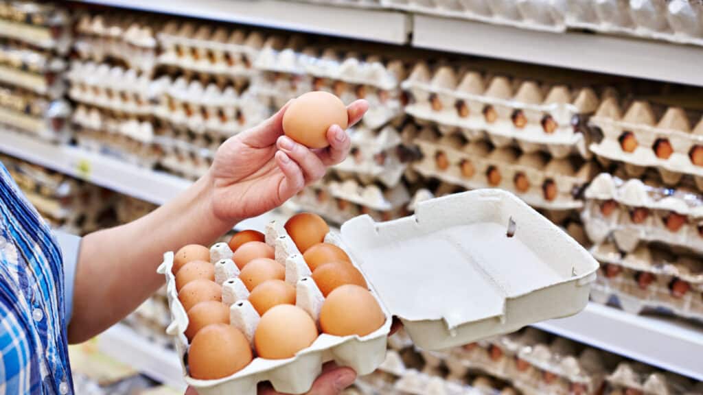 Person shopping for eggs. Egg cartons. Supermarket. 