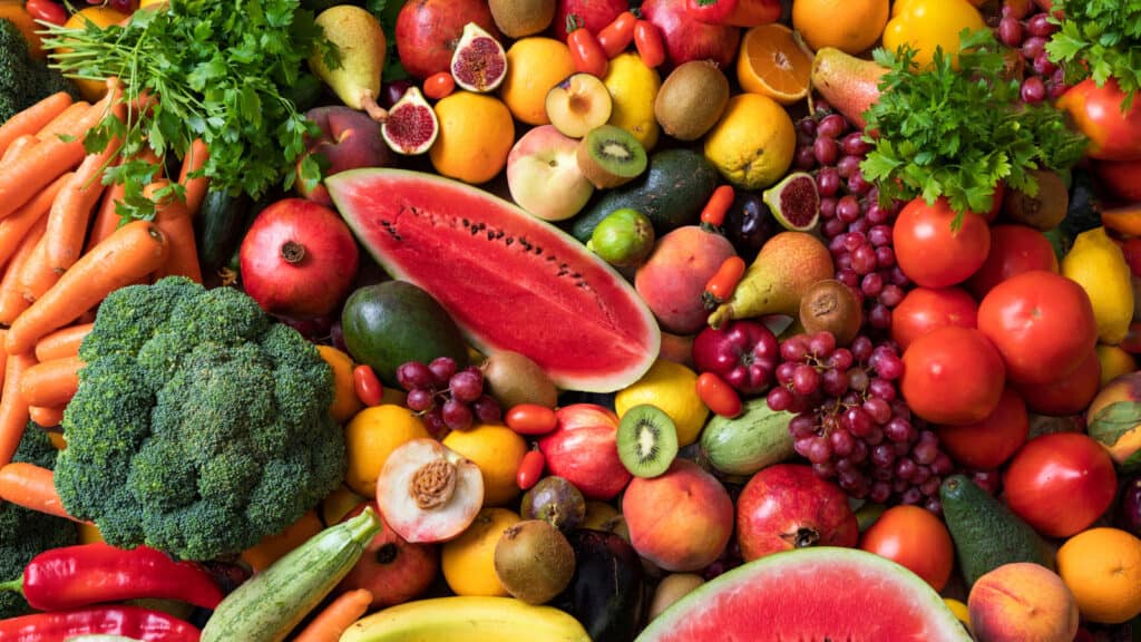 Pile of fresh fruits and vegetables. 