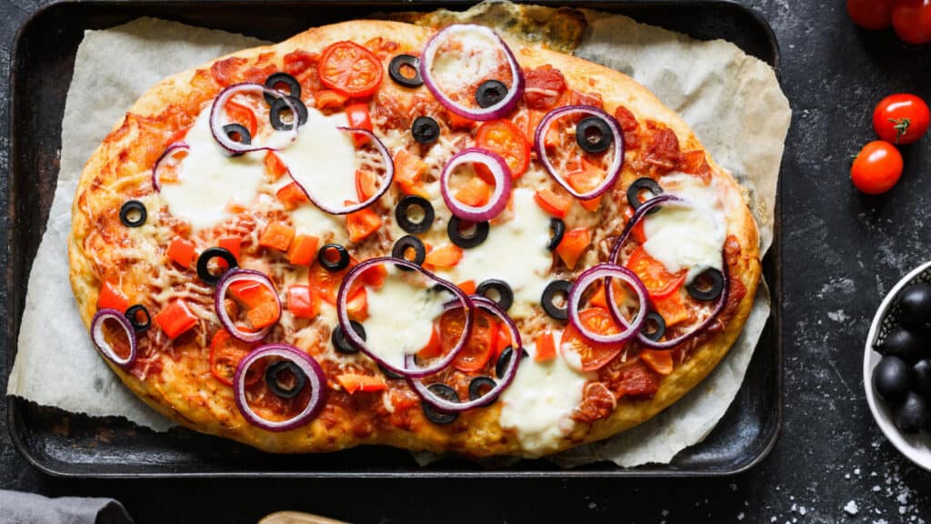 Pizza on sheet pan. 