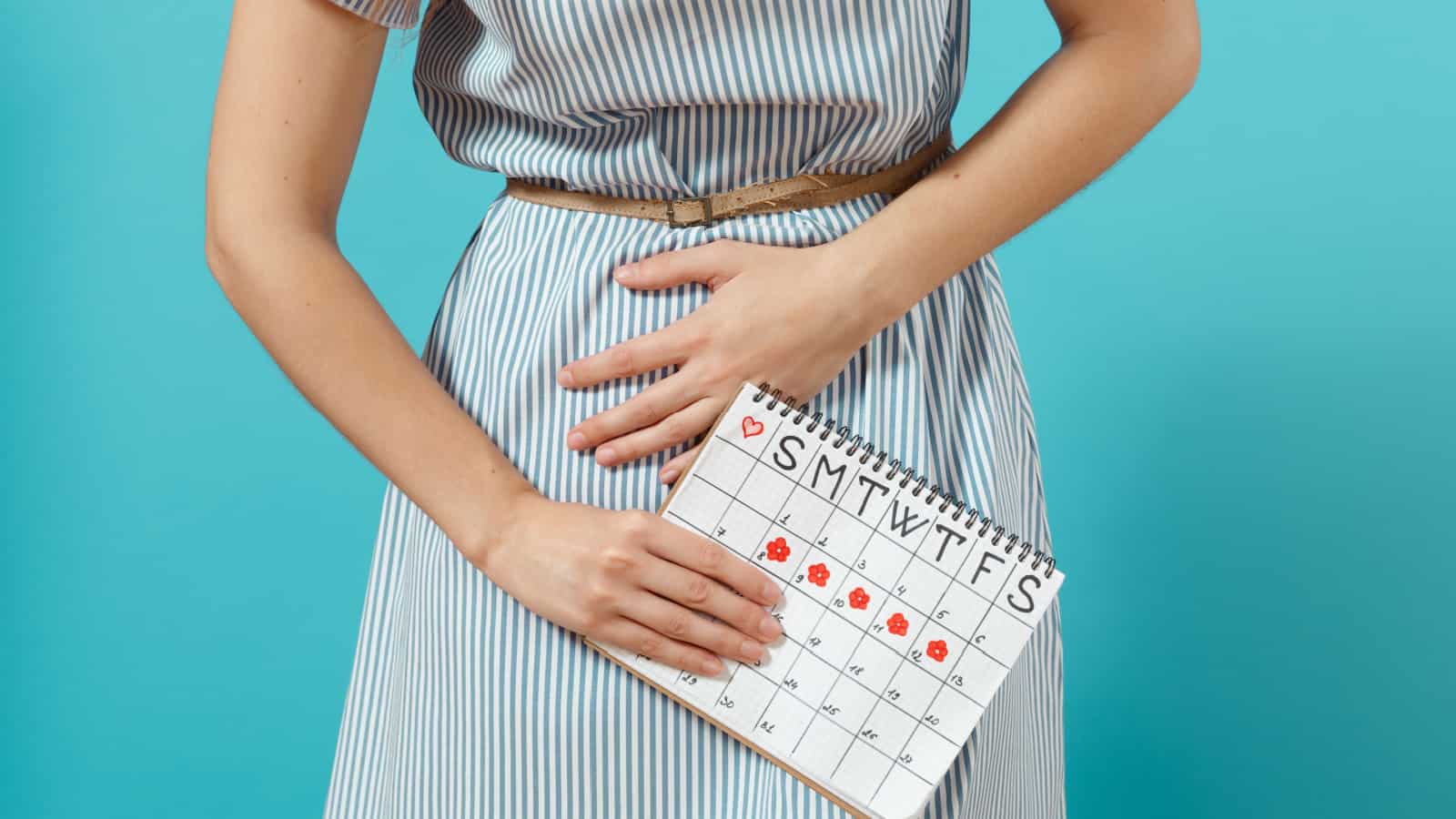 Woman clutching stomach holding calendar showing period days. IBS