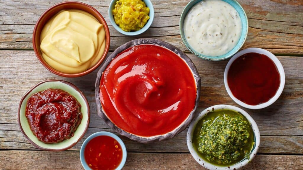 Assorted condiments in bowls.