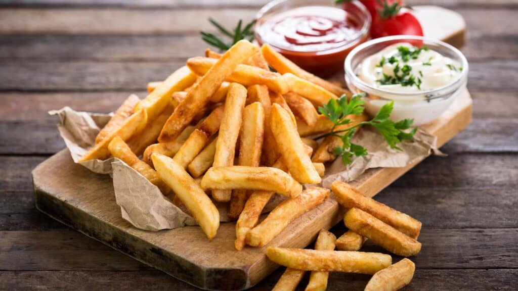 French fries on board with condiments.