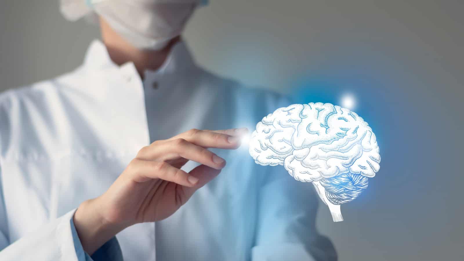 Graphic of scientist touching brain.