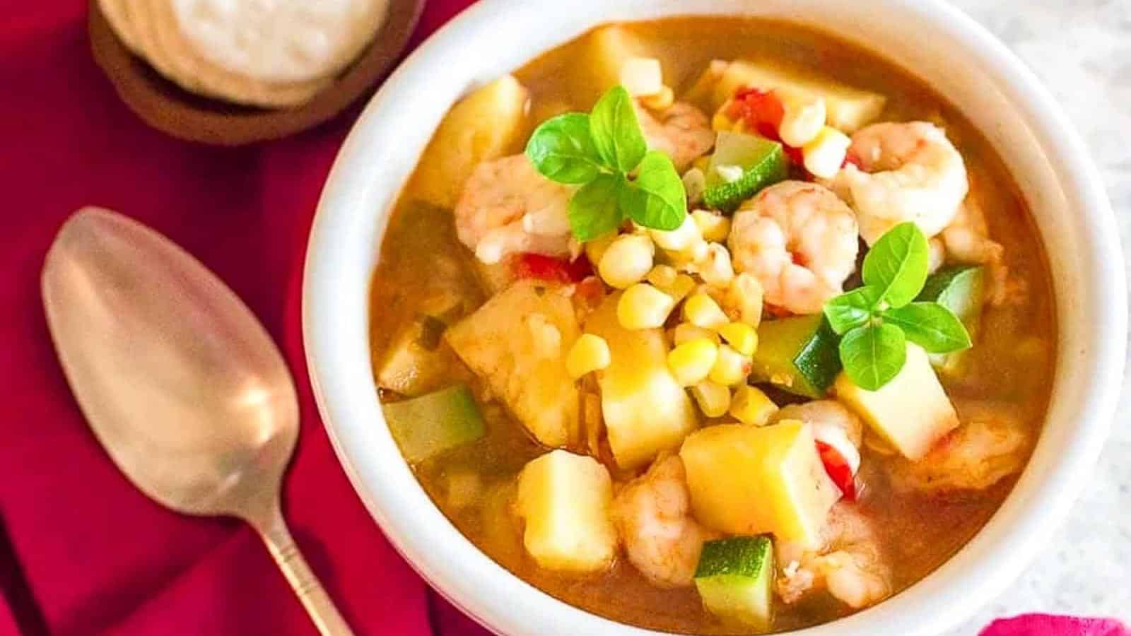 Low-FODMAP-Shrimp-Corn-Chowder-in-white-bowl-crackers-and-spoon-alongside.
