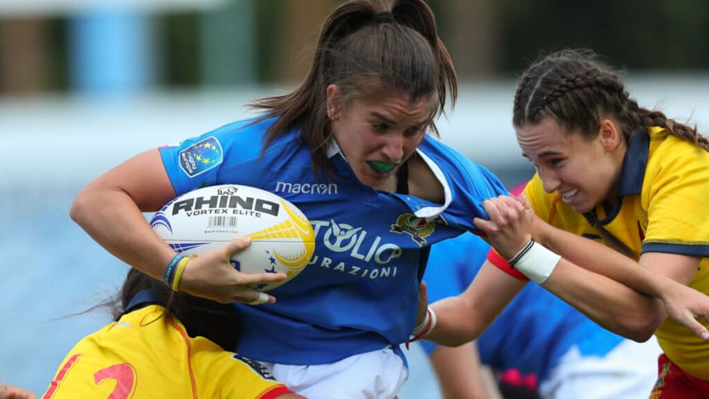 Rugby Europe Women's Sevens Grand Prix Series. Match between Spain and Italy. Challenge for the ball using a high tackle