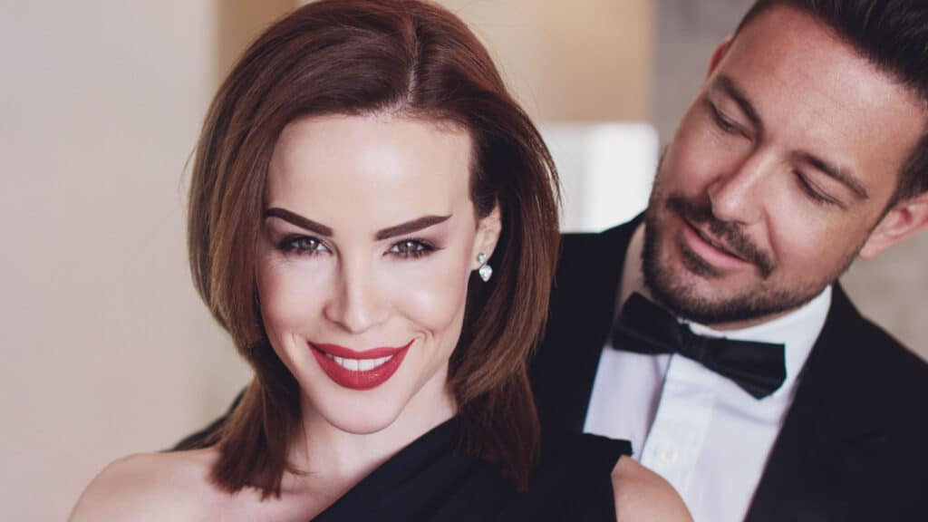 Rich confident cougar white woman with younger lover man