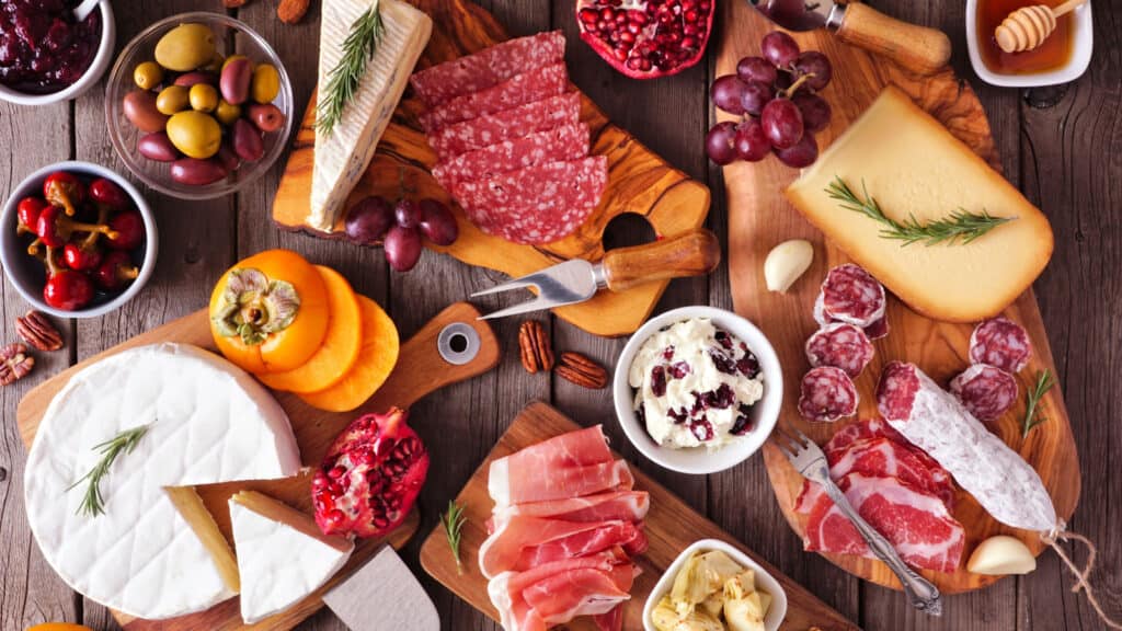 Top down image of a charcuterie and cheese board. 