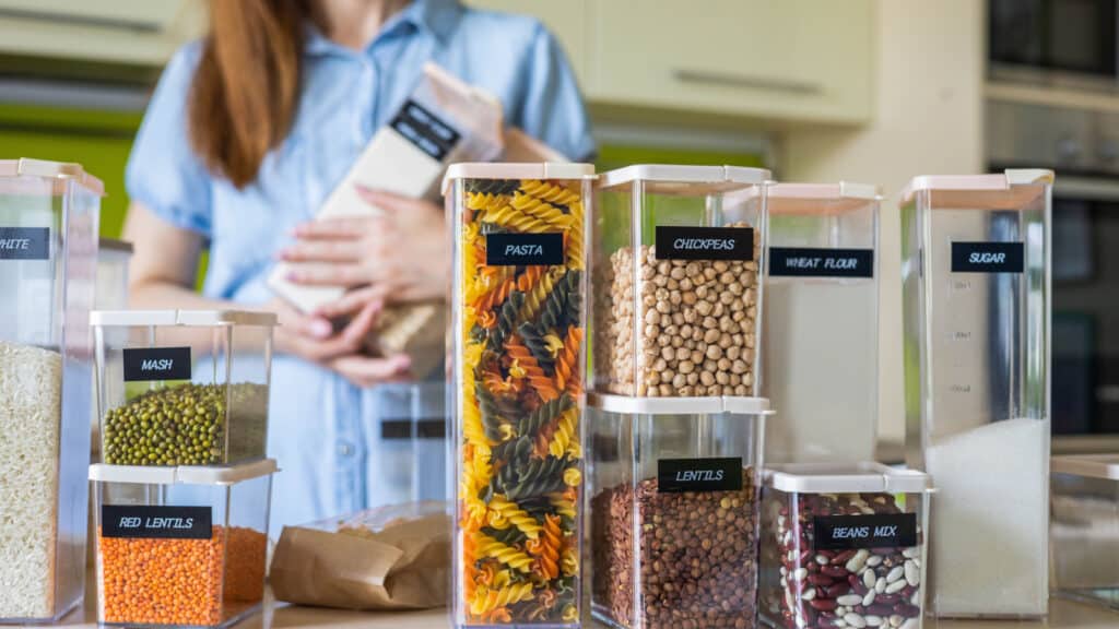 Woman in kitchen with labeled containers of food. Food storage. 