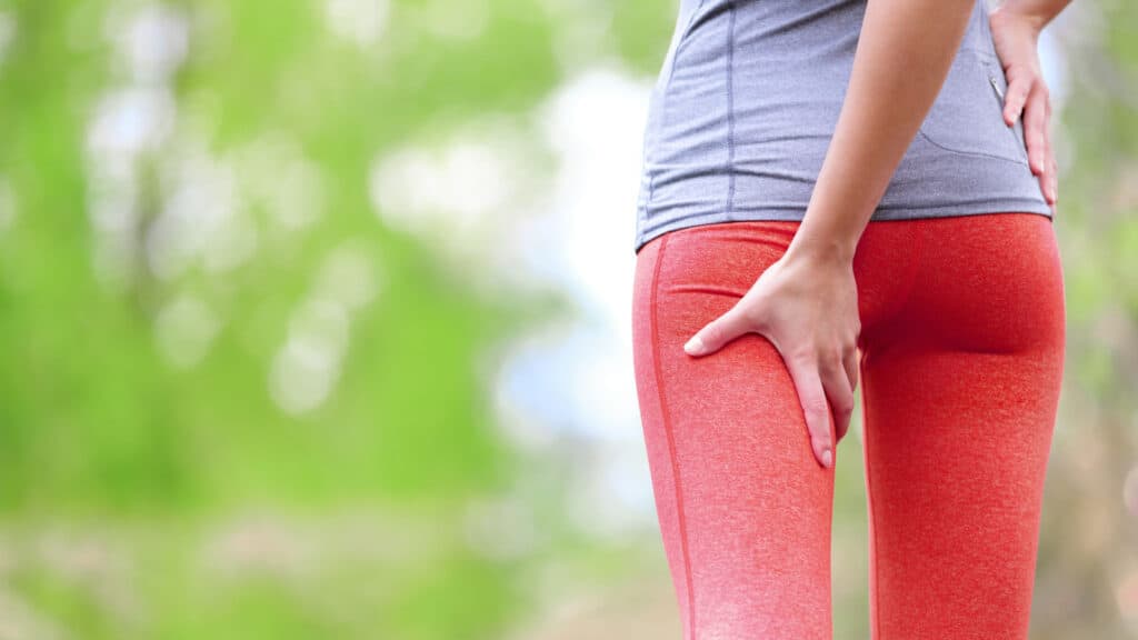 Woman with injured leg muscle. 