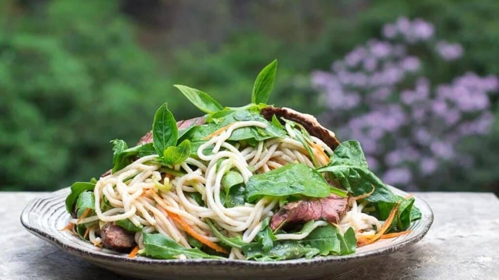 horizontal-image-of-Low-FODMAP-Thai-Basil-Steak-Salad-on-rustic-round-white-plate.