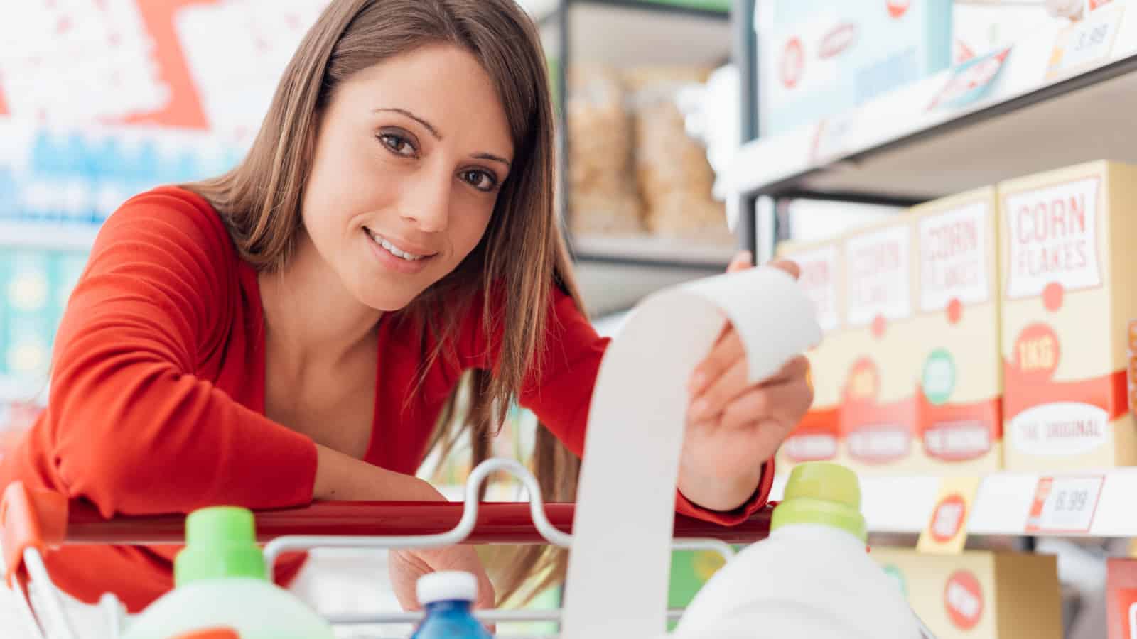 woman looking at receipt at grocery store.