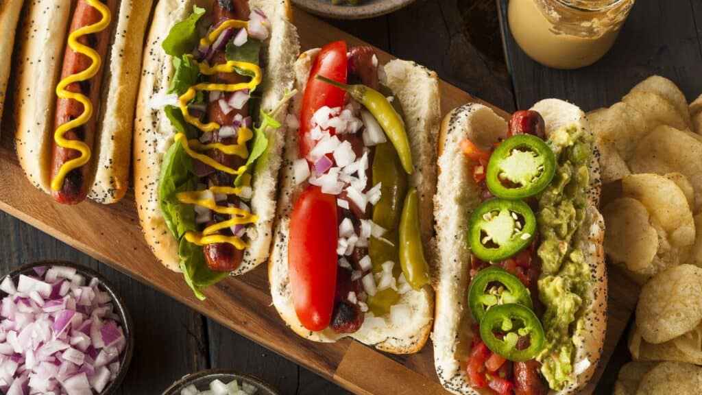 Assorted hot dogs. 