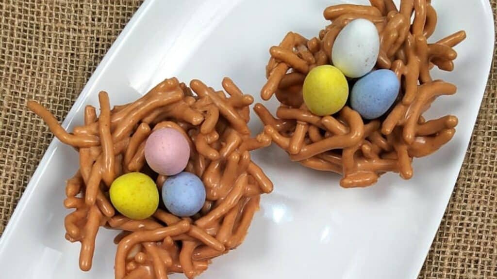 Easter-haystacks-for-dessert-Butterscotch-and-peanut-butter-haystacks-turned-into-nests-for-Easter-eggs-a-fun-and-delicious-dessert-thats-ready-in-minutes.