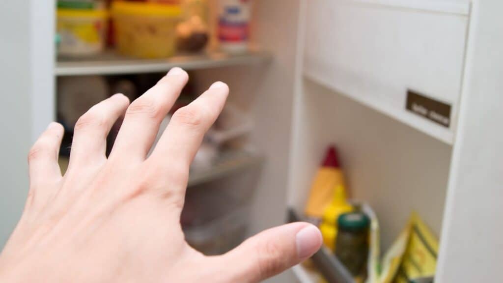 Hand reaching for refrigerator. 