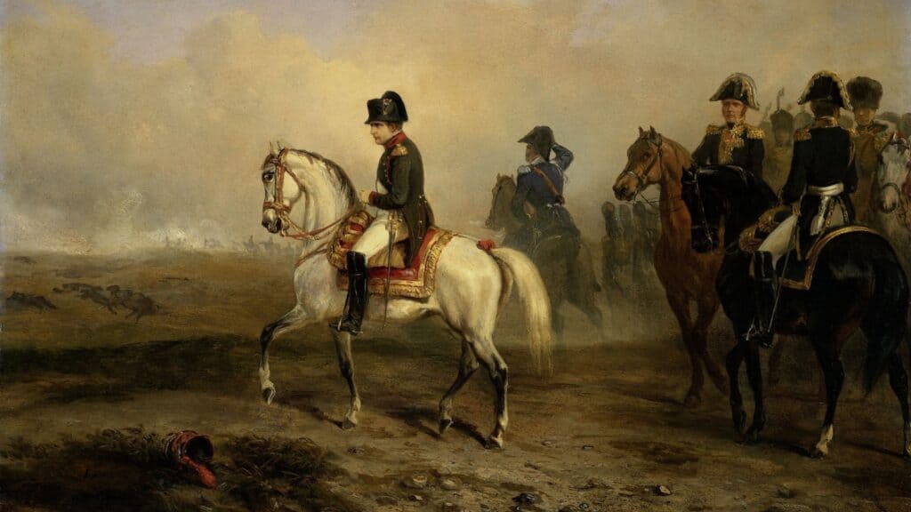 Emperor Napoleon I and his Staff on Horseback, Horace Vernet, c. 1815-50, French oil painting. In the distance is the smoke from a battle of the Napoleonic Wars