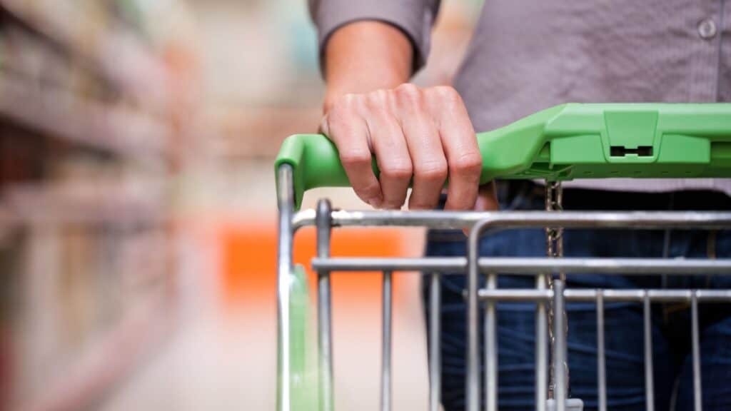 Woman holding shopping cart handle. 