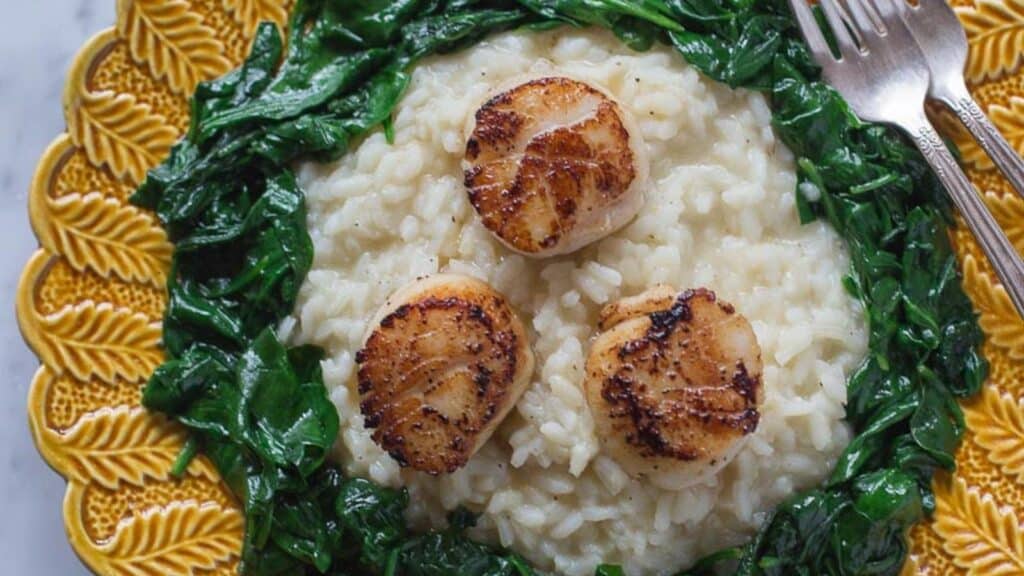 lemon-pepper-risotto-with-seared-scallops-on-yellow-plate.