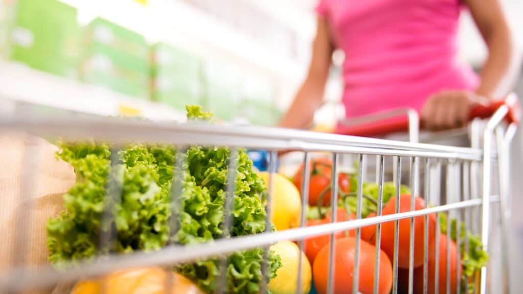 woman grocery shopping. Shopping cart.