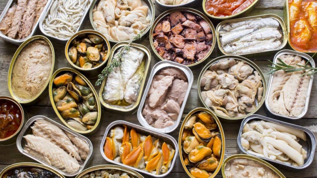 Assorted tinned fish. 