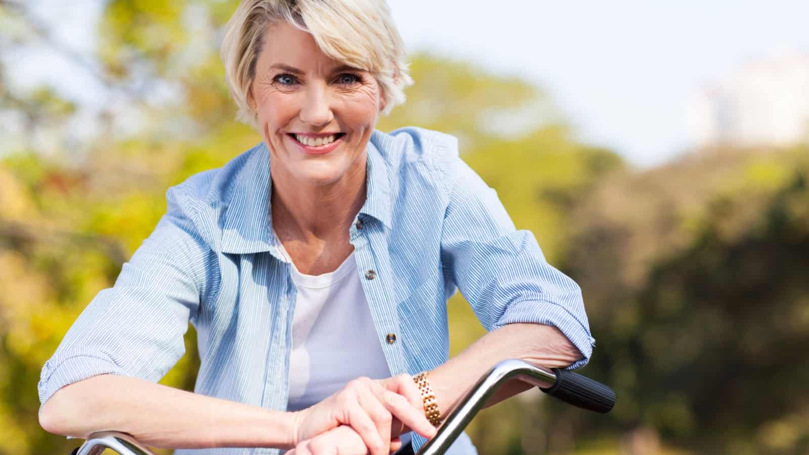 Older woman biking.