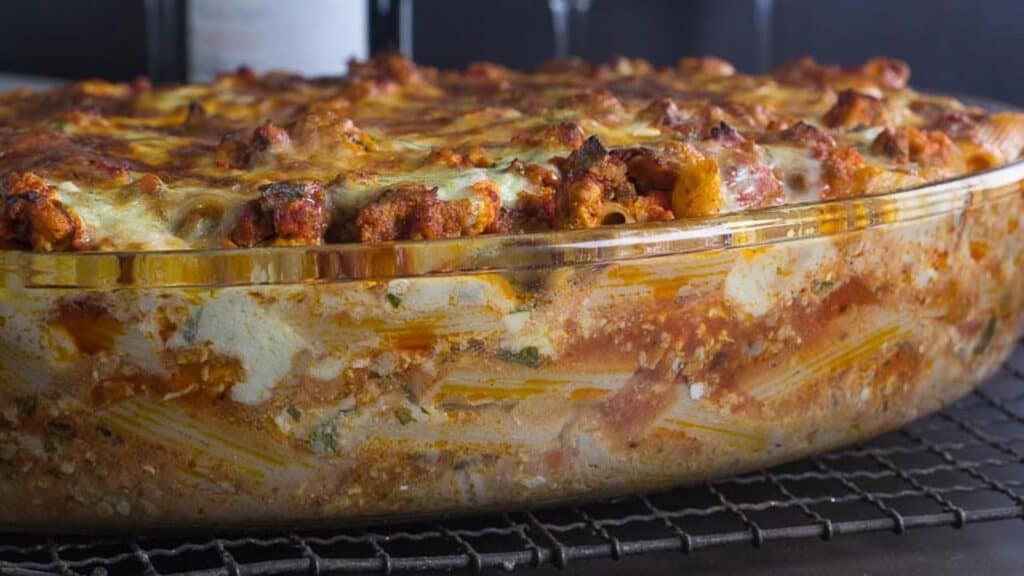 side-view-of-Super-Deluxe-Low-FODMAP-Baked-Ziti-cooling-on-a-rack.