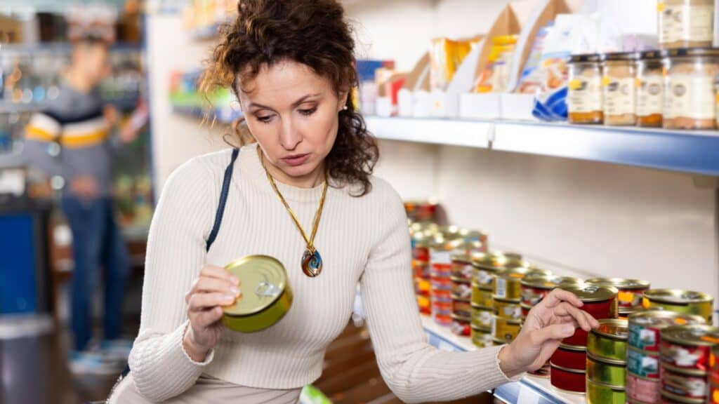 woman buying canned fish. 