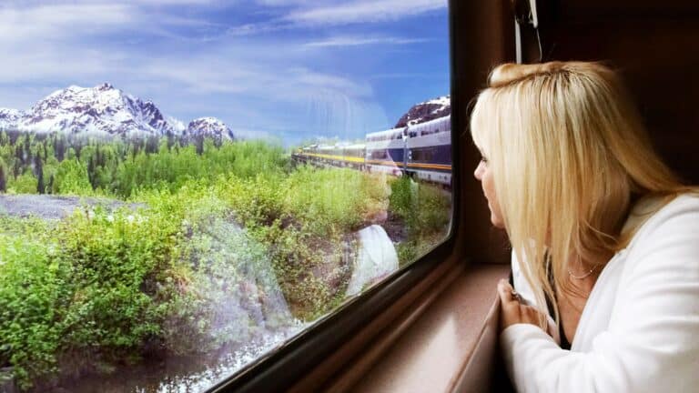woman looking at a scenic view from a train