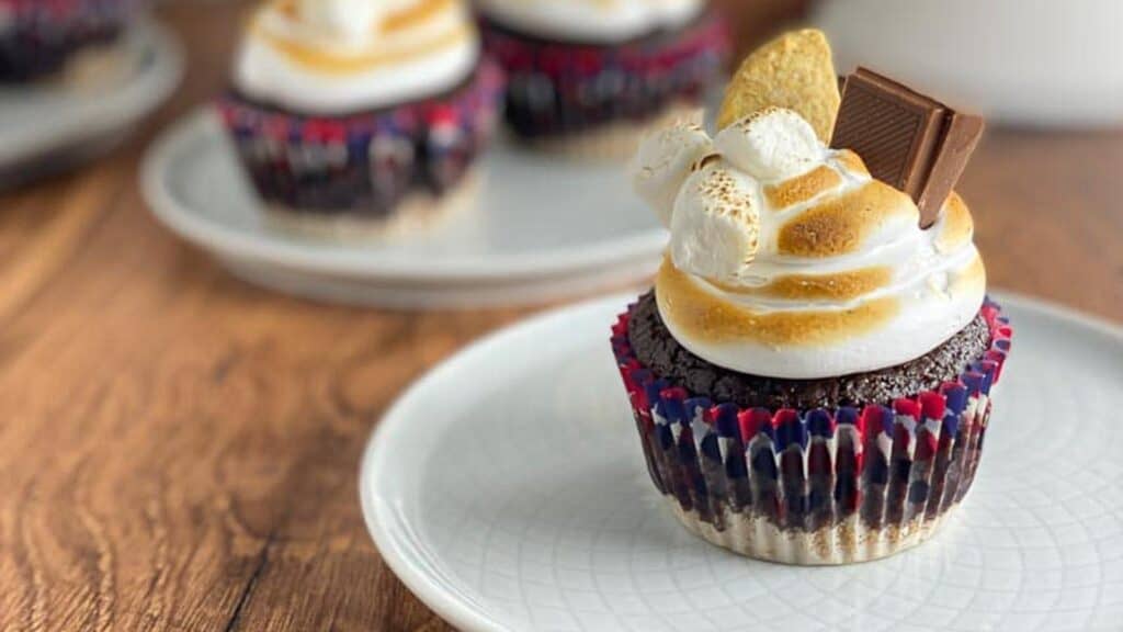 SMores-Cupcakes-on-white-plate-and-white-cake-stand-in-background.