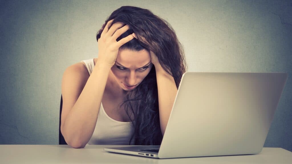 frustrated woman on computer. 