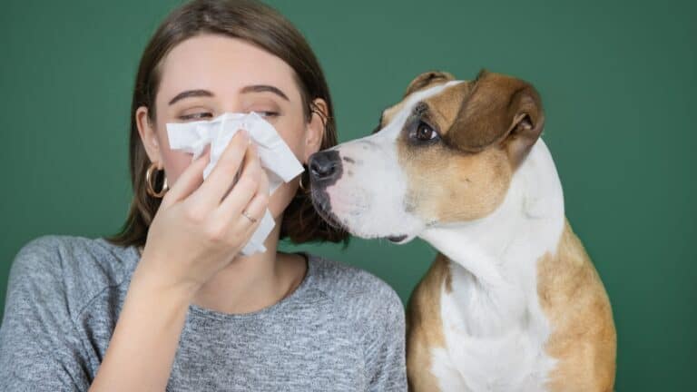 woman with allergies and dog.