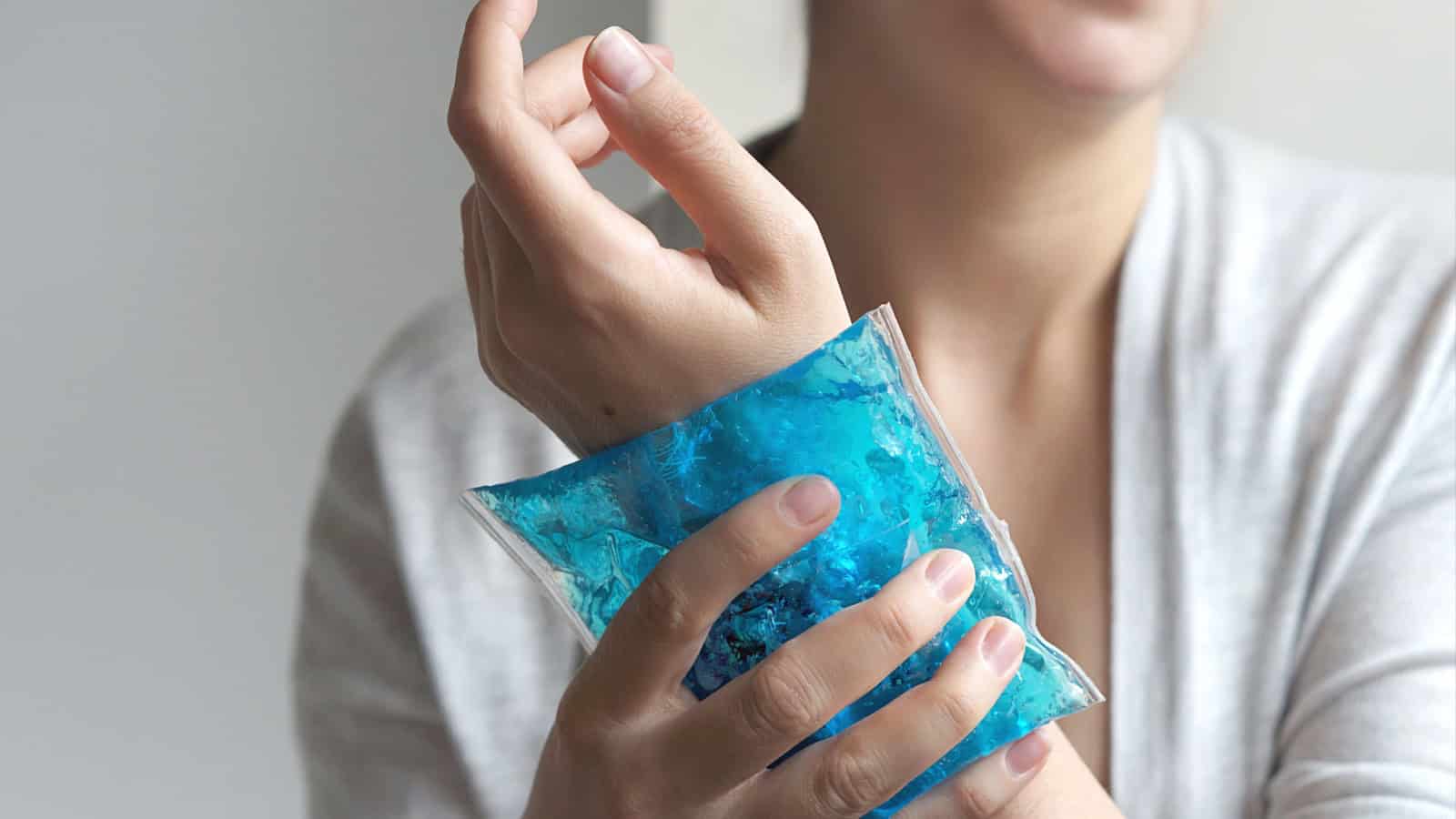 Woman with cold pack.