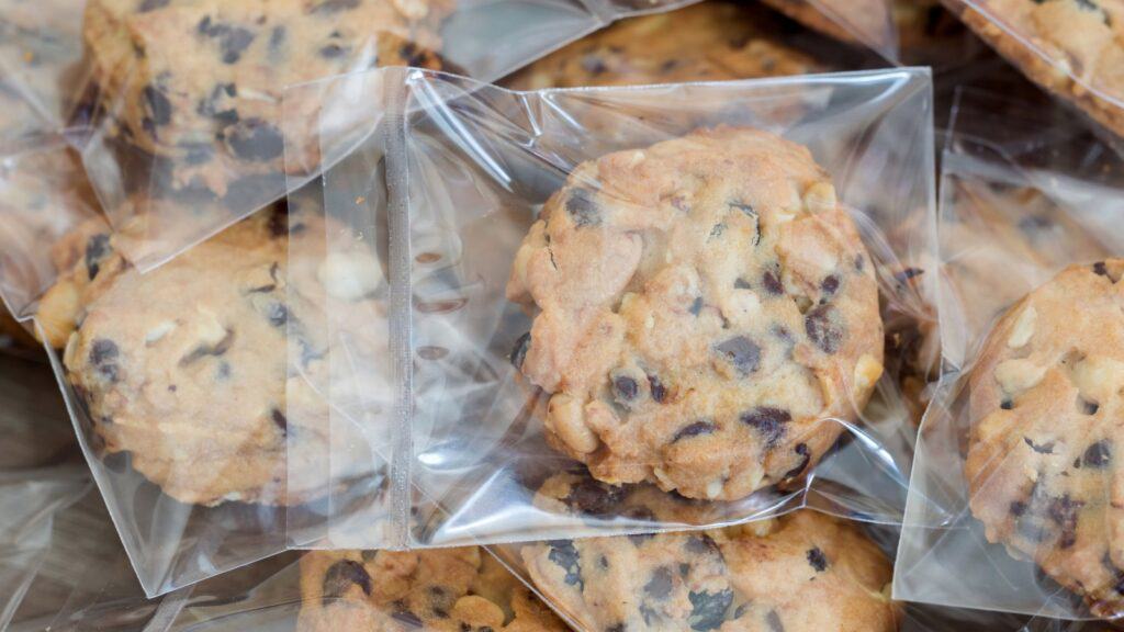 Chocolate chip cookies in bags.