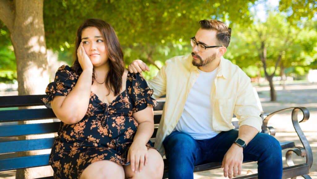 sad woman. Couple. fat heavy.