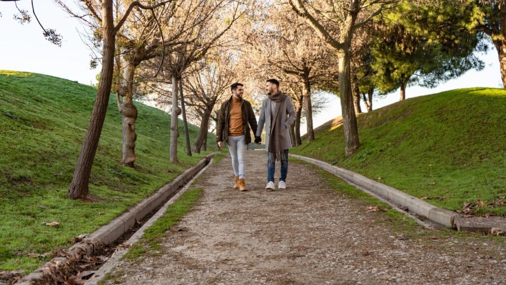 gay couple in fall autumn.
