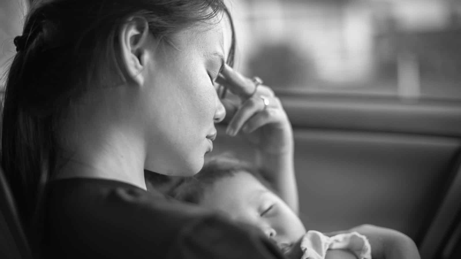 Sad mother and baby.