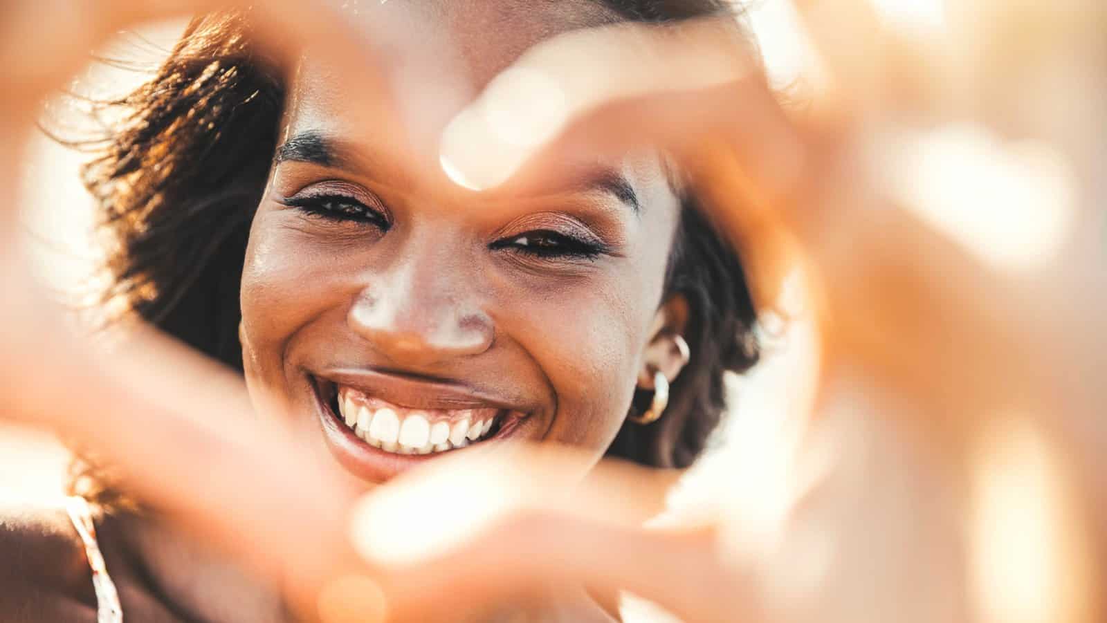 happy woman loving herself.