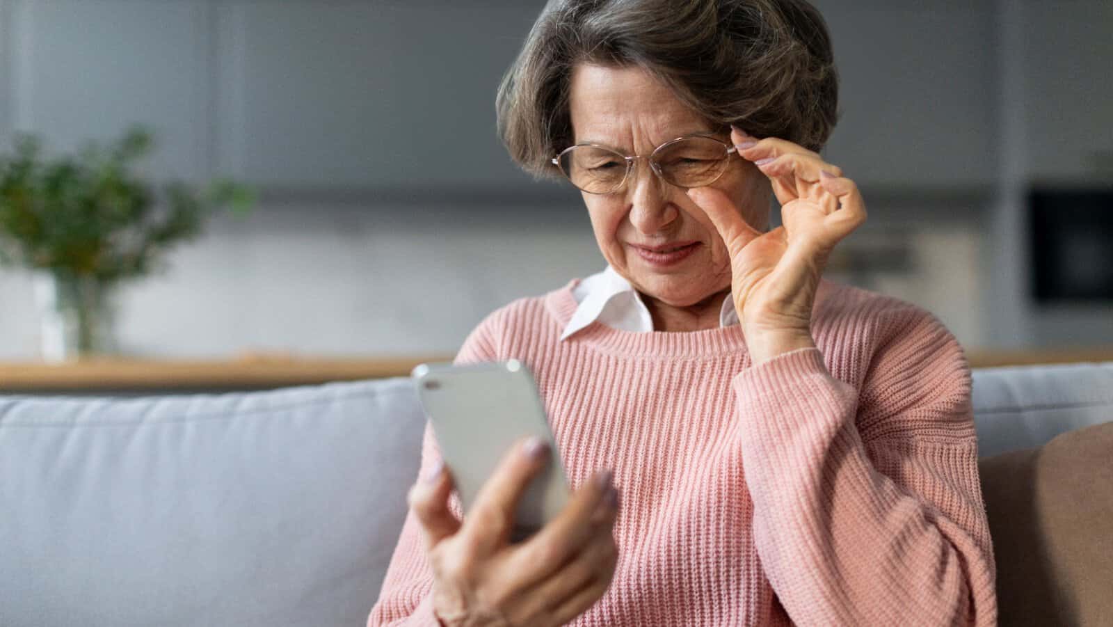 worried woman using phone.