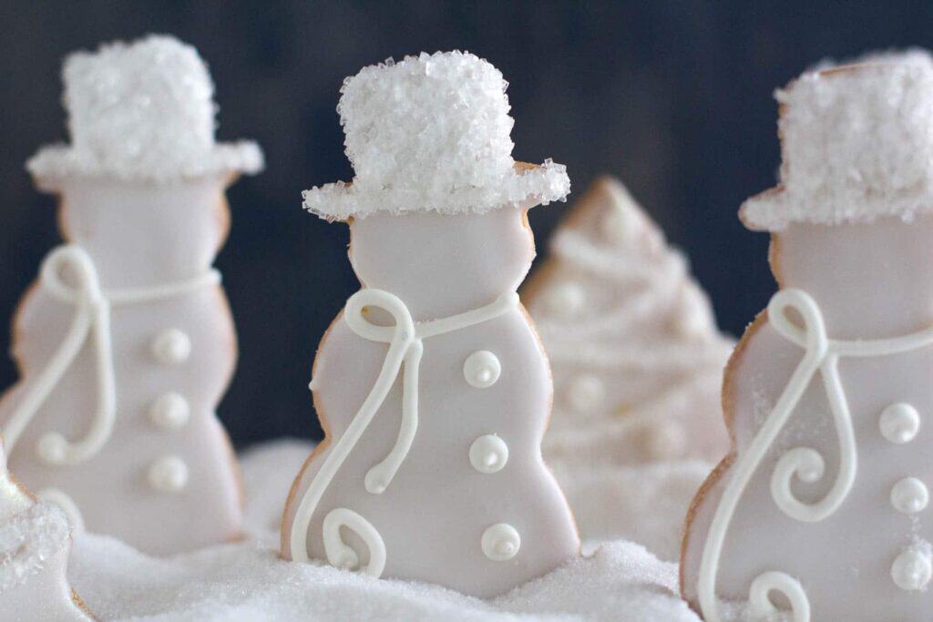 closeup-of-decorated-sugar-cookies-in-a-white-Christmas-theme-in-a-snow-bank-of-sugar.