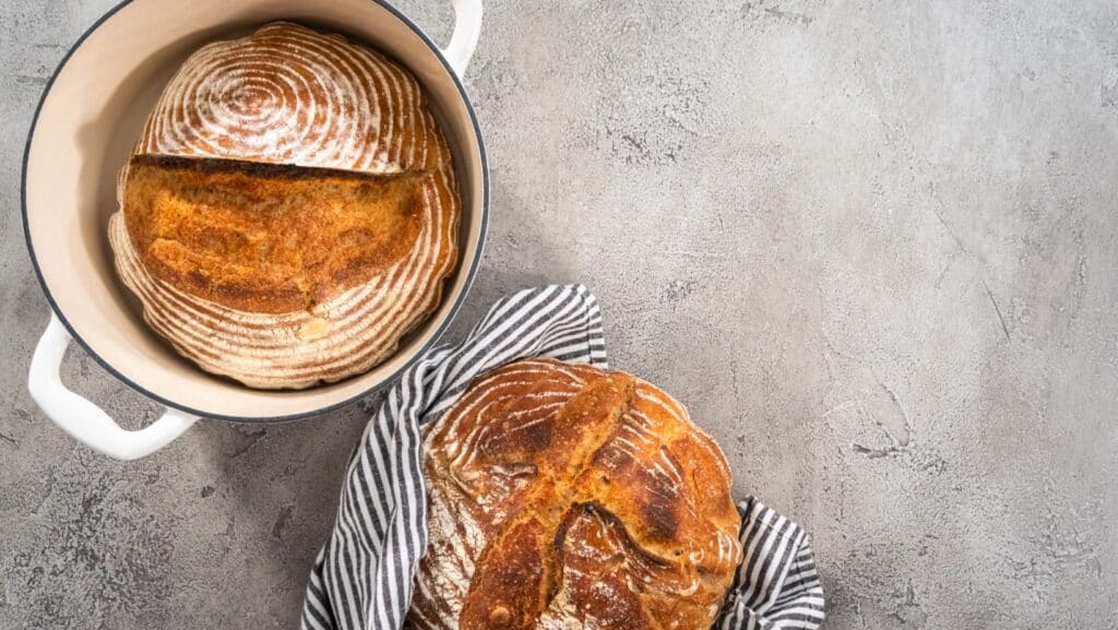Bread in enamel cast iron Dutch Oven.
