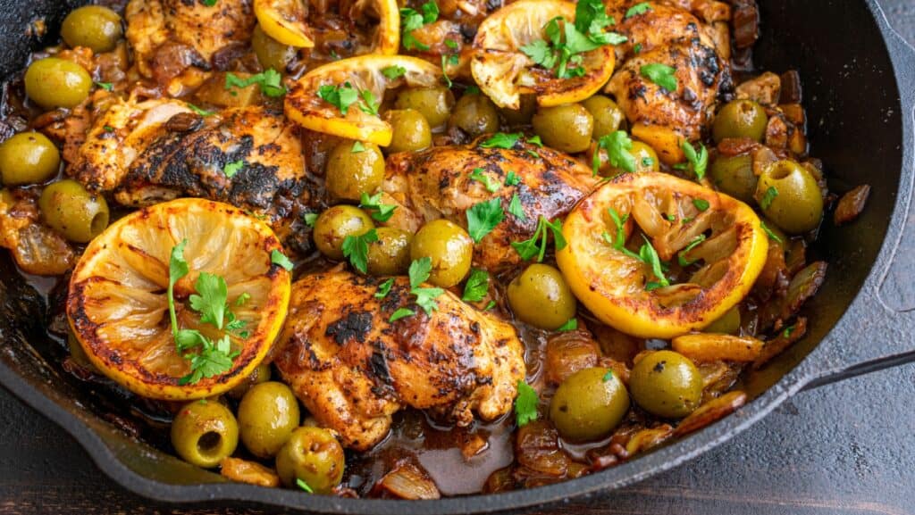 Chicken dish in cast iron skillet.