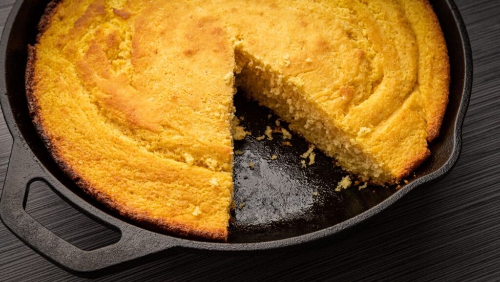 Cornbread in cast iron skillet.