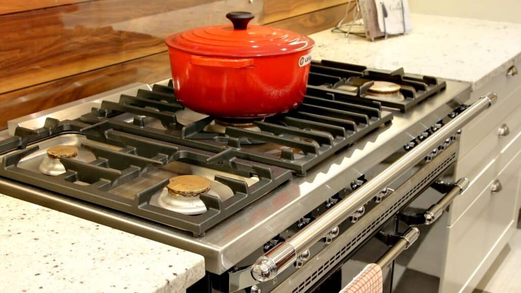 Le Creuset Dutch oven on stove.