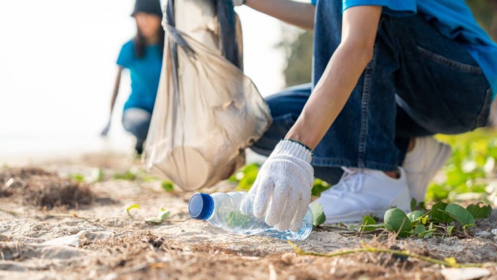 picking up garbage.