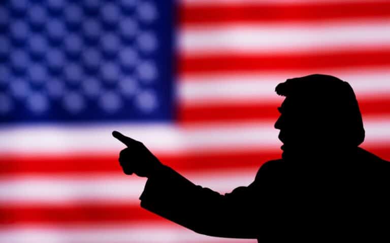 Odessa, Ukraine, November 22, 2021: silhouette of Donald Trump against the background of the American flag.