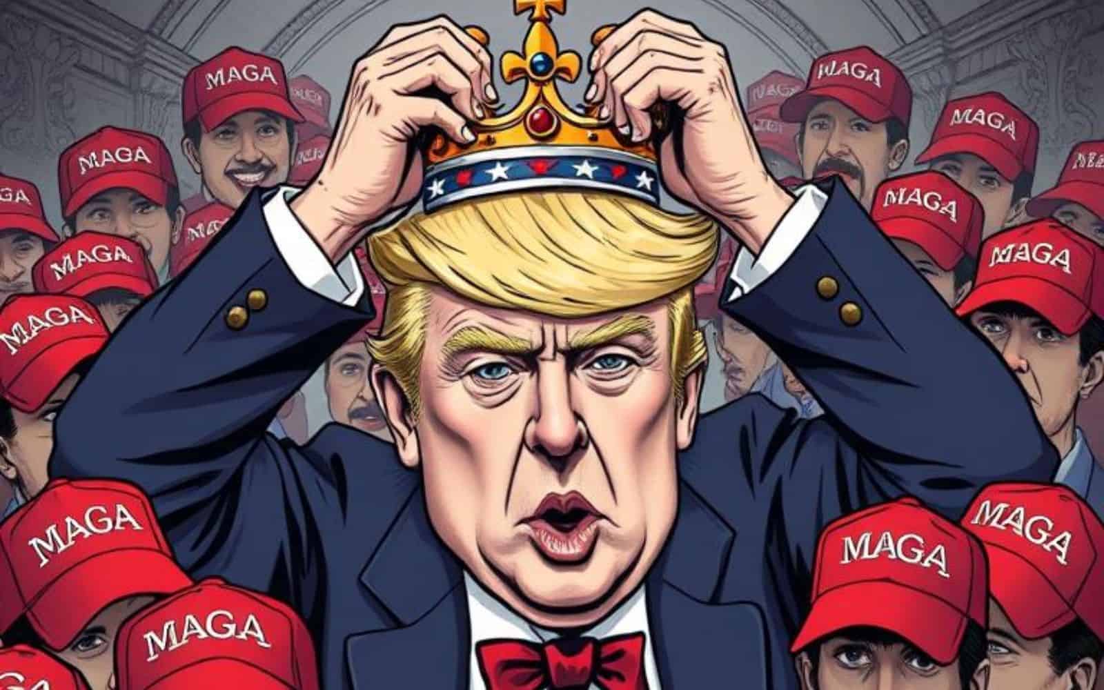 AI generated cartoon of Trump crowning himself surrounded by MAGA