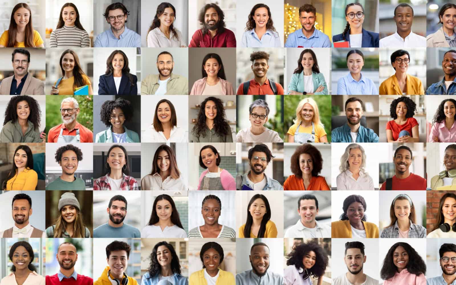 This dynamic portrait collage showcases a patchwork of joyful people faces, celebrating cultural diversity and connection