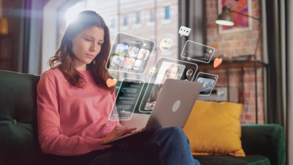 woman using laptop social media.