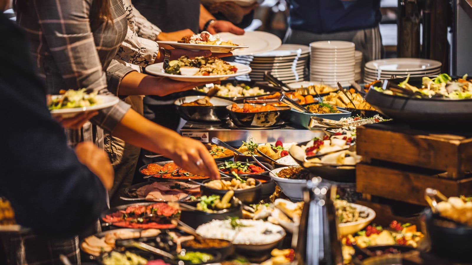 Brunch table in coffee shop, delicious food, Breakfast or brunch table filled with all sorts of delicious food